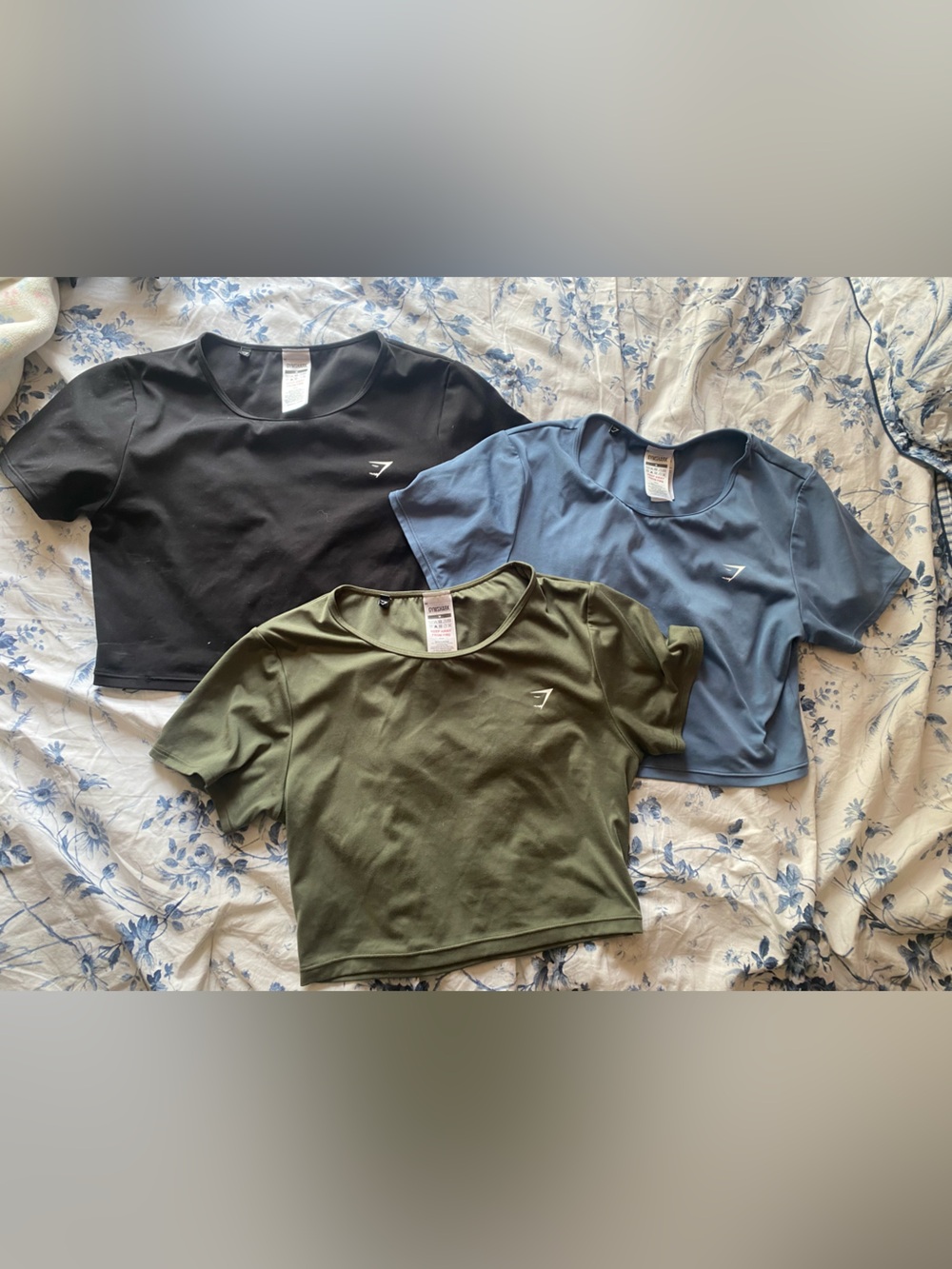 Gymshark Short Sleeve Crop Tee Trio in Black, Olive, Dusty Blue
